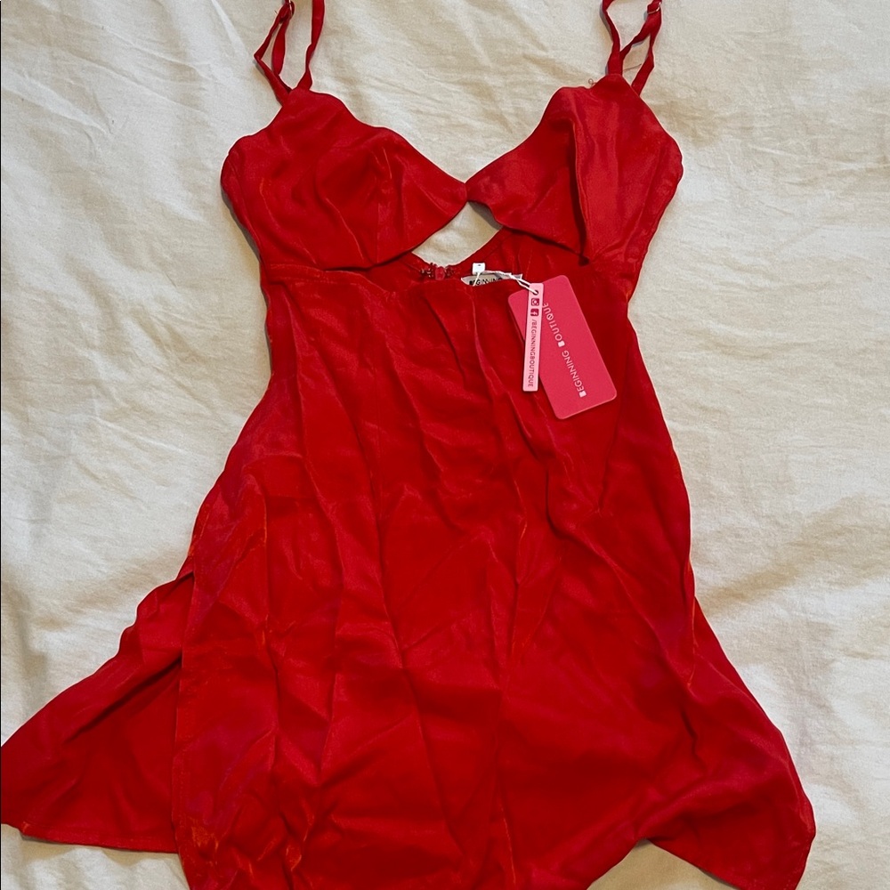 Beginning Boutique Red Satin Slip Dress with Cutout